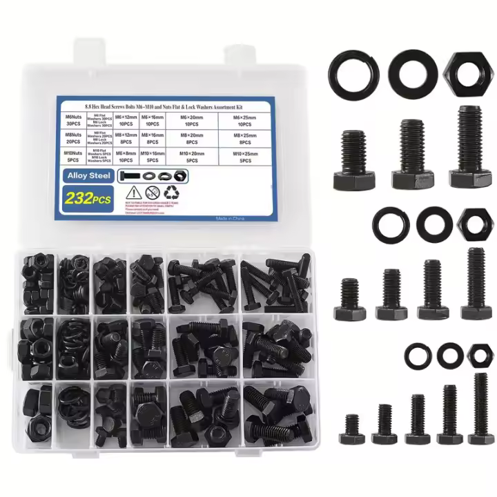 Kit De Juntas Y Tornillos Hexagonales Pequeños 232pcs M6 M8 M10 Acero De Aleación Grade 8.8 Negro Oxido Para Carpintería DIY - 1