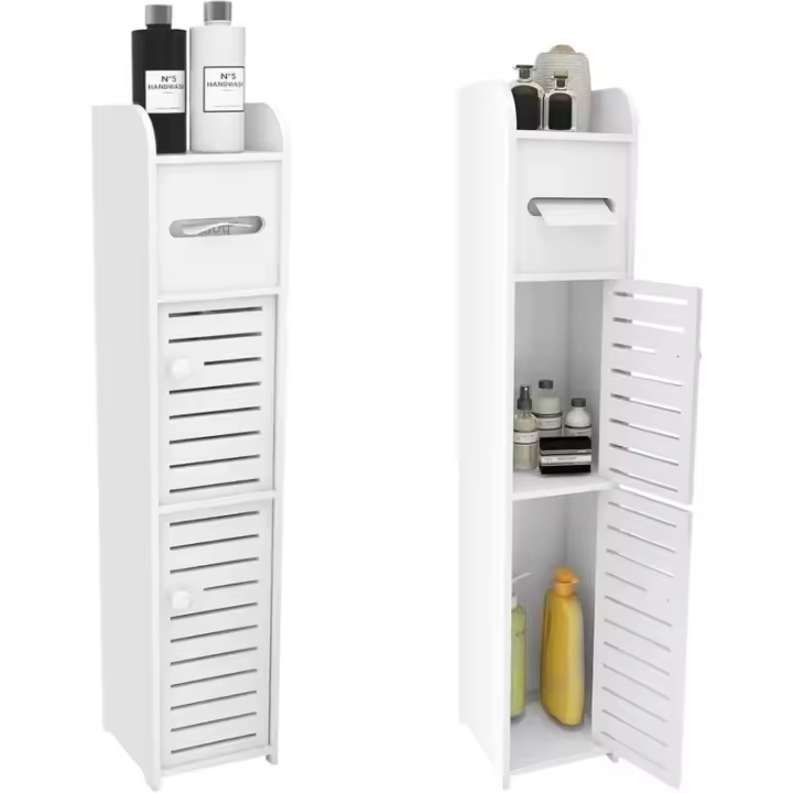 CA Armario de baño pequeño, portarrollos, columna, armario de baño, estante ajustable, patas resistentes al agua, para espacios reducidos (1 unidad) - 1