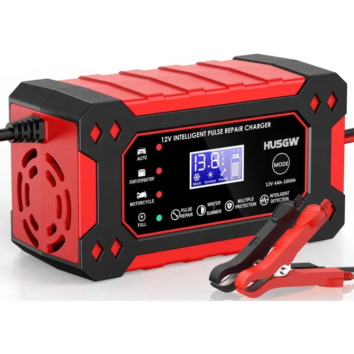 12V6A Cargador de badería, Cargador de badería inteligente con función de reparación automática y Pantalla LCD,Cargador de badería de coche para automóviles,Moto, wagon, AGM, Gel, SLA (2Ah-100Ah) - 1