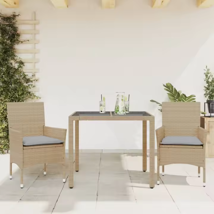 vidaXL Set comedor jardín 3 pzas cojines ratán sintético vidrio beige - 1