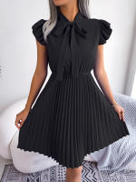 Vestido Elegante De Mujer Con Cintura Alta Y Volantes Para Primavera Y Verano Estilo Casual Collar Con Lazo Cuello Alto Y Mangas Batwing - details 26