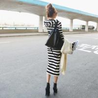 Suéter De Pecho Abierto Para Mujer Con Capucha Estampado De Rayas Manga Larga Vestido Casual De Otoño Longitud Media Pierna Suéter De Poliéster - details 3