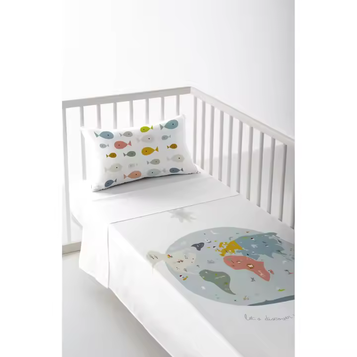 JUEGO DE SÁBANA CUNA/MAXICUNA INFANTIL BEBÉ 100% ALGODÓN MAPA MUNDI HACIENDO EL INDIO FABRICADO EN ESPAÑA - 1
