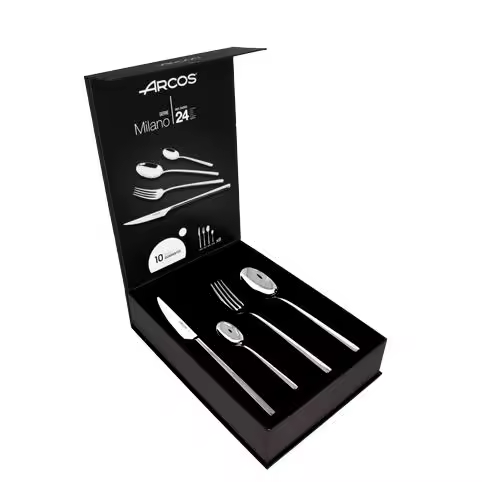 Arcos Serie Milano - Cubertería de 24 piezas en Caja de Regalo (6 Cuchillos + 12 Cucharas + 6 Tenedores) - Monoblock de una pieza en Acero Inoxidable - Color Plata - 1