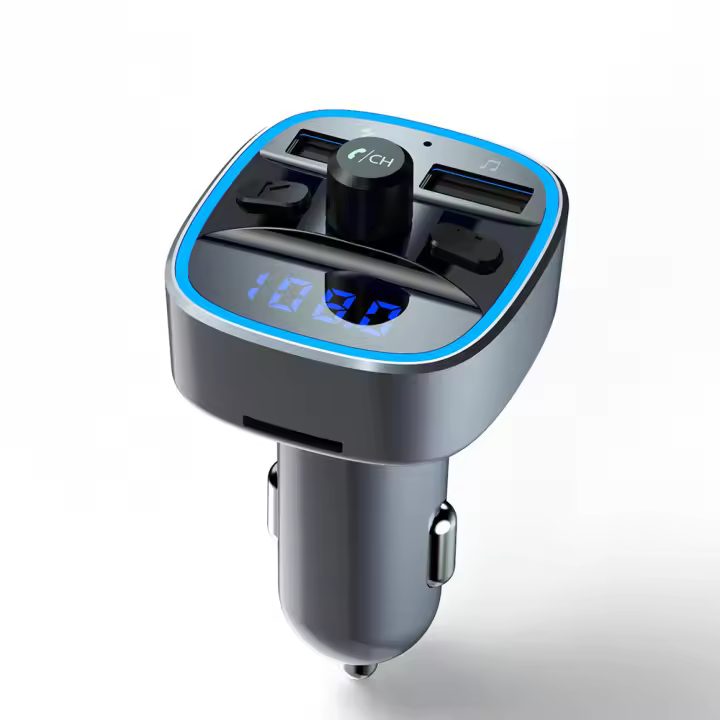 Transmisor FM Bluetooth para coche, adaptador de receptor de radio inalámbrico con luz envolvente azul y función manos libres, cargador USB dual - 1