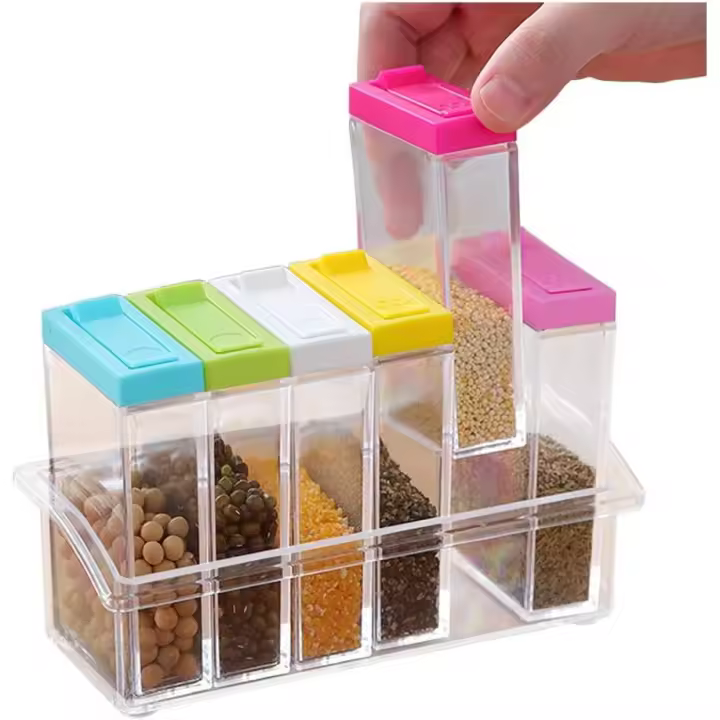 Juego de 6 tarros de especias de plástico transparente, receptaculo para almacenamiento condimentos para - 1