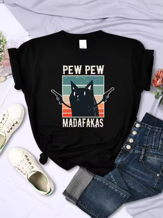 Camiseta De Mujer Pew Pew Madafaks Con Impresión Divertida Moda Hip Hop Vintage Creativa Casual Manga Corta Cuello Redondo - 1