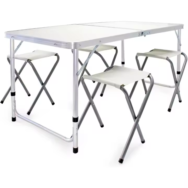 Mesa de Camping 120x60x70cm con 4 Taburetes Plegables, Portátil tipo Maletín, Altura Ajustable, Ideal para Pícnic y Camping (Conjunto de Mesa y 4 Sillas) - Set de 5 Piezas de Aluminio para Exterior, Acampada y Vacaciones - 1
