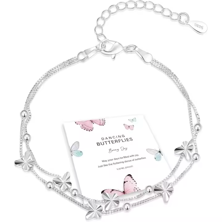 XOEMEL Pulsera de Plata 925 para Mujer, Mariposas, pulsera de Oro Rosa para Mujer with Perlas, pulsera ajustable en Capas, pulseras de La Amistad, Regalos para Mujeres, 17,7 pulgadas - 1
