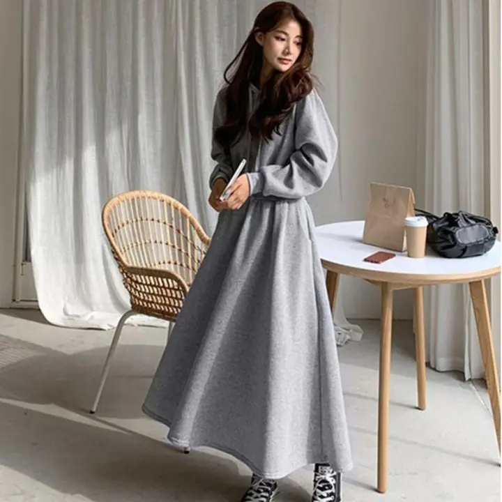 Vestido Largo De Algodón Con Capucha Casual Para Mujer Otoño Invierno Manga Larga Pullover Sólido Con Aros A-Lineado Hasta El Suelo - 1