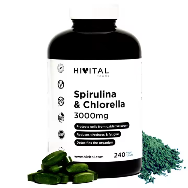 Espirulina y Chlorella 3000 mg. 240 comprimidos veganos para casi 3 meses. Hivital - 1