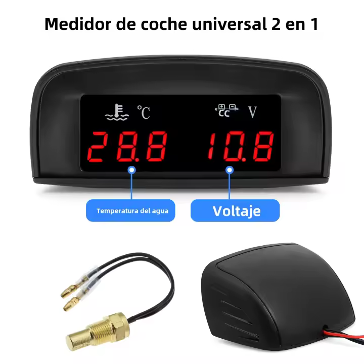 Gauge De Agua Y Voltímetro 2 En 1 Para Coche LCD Temperatura Y Voltaje Horizontal En Grados Celsius Con Sensor De 10mm Luz Trasera Roja Para 12v - 1