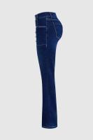 Pantalones Vaqueros De Cintura Alta Para Mujer Con Detalle De Botón Y Ajuste Slim Fit En Azul Oscuro Con Estiramiento Cómodo Moda Casual Elegante - details 3