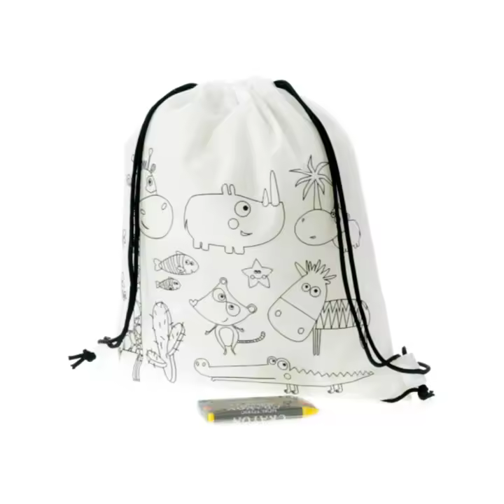 Mochilas de merienda infantiles con  dibujos de animales, cada mochila incluye  5 ceras de colores para colorear. Regalo para dar a los niños y niñas en fiestas de cumpleaños, colegios, guarderías, Bodas, Bautizos, Comuniones y eventos infantiles. - 1