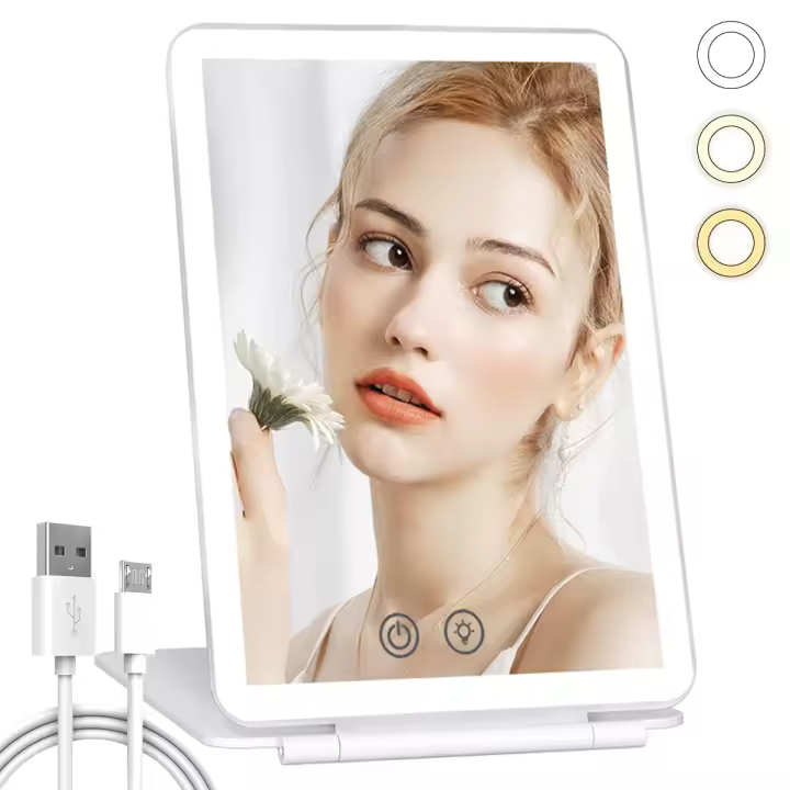 Espejo De Maquillaje Plegable Con 80 LEDs Ultra Delgado Pantalla Táctil Dimmer Recargable Por USB Portátil Para Viajes Y Maquillaje - 1