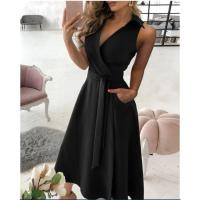Vestido Largo Casual De Verano Para Mujer Tallas S-2XL V-Neck Sin Mangas Elegante Con Cinturón Estilo A-Line Color Sólido - details 2