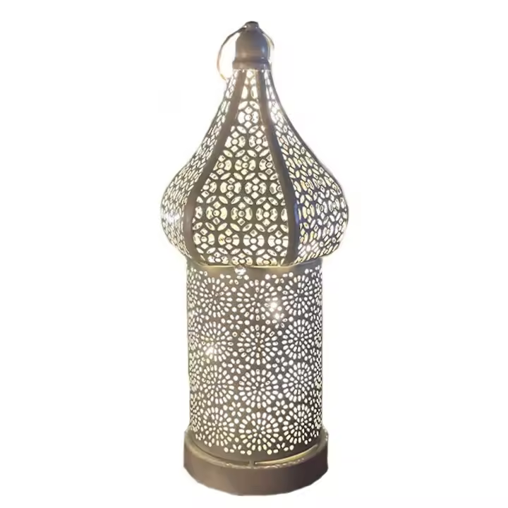 Lámpara de escritorio portátil inalámbrica con forma de farol retro hueca, estilo bohemio marroquí, con tallado hueco - 1