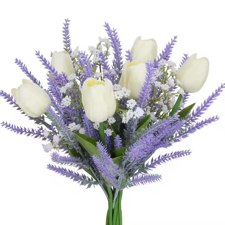 Ramo de flores artificiales púrpura falso plástico lavanda con tulipanes blancos arreglo floral primavera decoración floral - 1