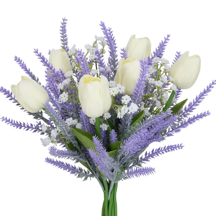 Bouquet of artificial flowers purple fake plastic lavender with white tulips flower arrangement spring floral decoration - 1