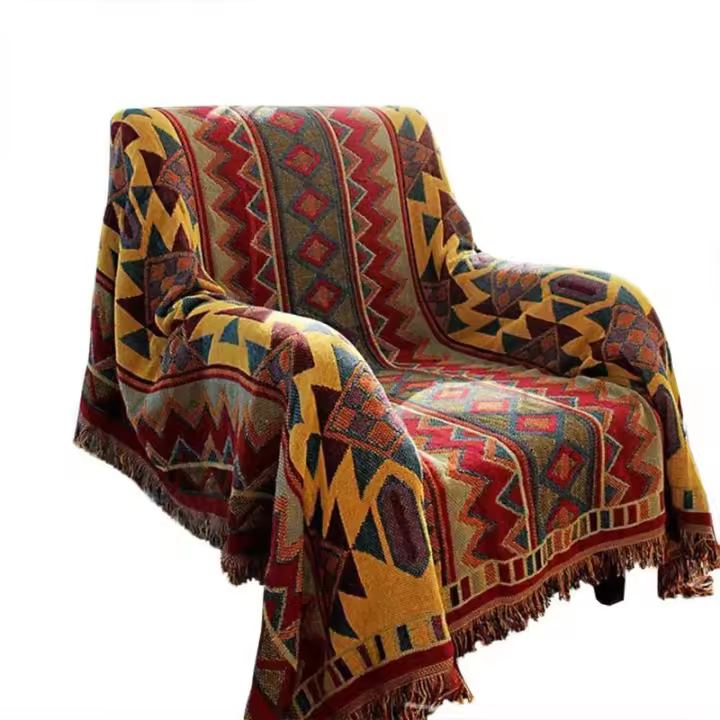 Grande Plaid Couverture Coton Tricoté Jacquard Bohême Douce Lavable Pour Canapé Fauteuil Chambre (90240CM, Géométrique)- - 1