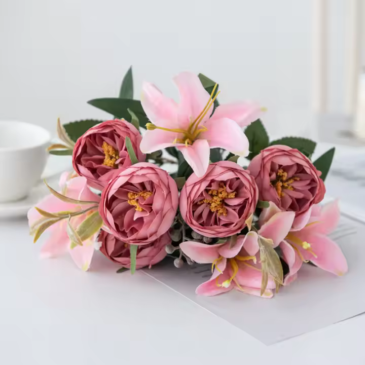 9 Ramas De Pekín Y Lirio Artificiales Para Boda Decoración Navideña Y Hogar Silken Peonía Y Lirio Combinación Para Arreglo De Novia Y Guirnalda De Navidad - 1