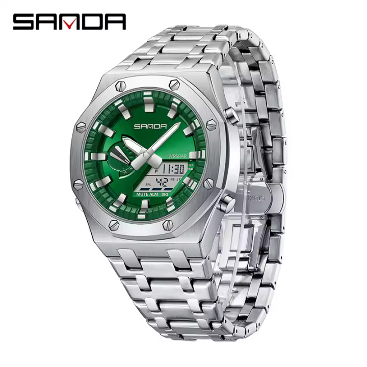 Reloj Electrónico Para Hombre SANDA 3357 Dual Display Multifuncional Resistente Al Agua Con Alarma Y LED De Acero Inoxidable - 1