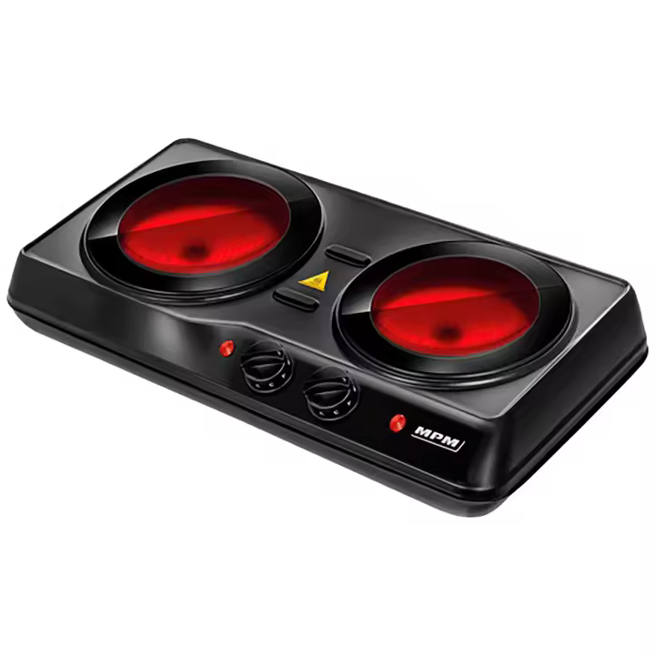 MPM MKE-21 Cocina Portátil Vitrocerámica 2 Fuegos 19 - 16,5 cm, Termostato Regulable, Apagado Automático, 2000W, Negro - 1