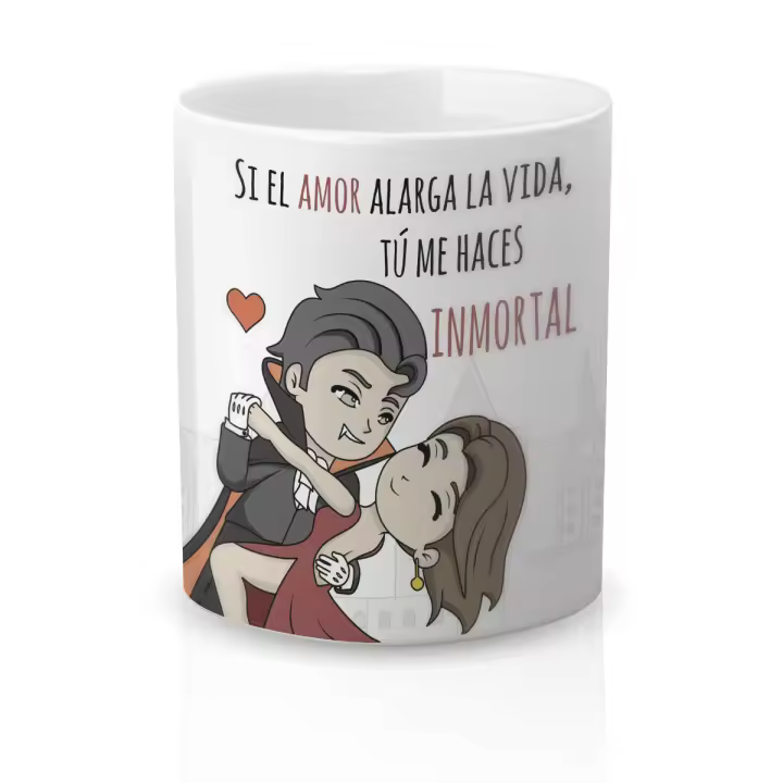 Taza cerámica Regalo Original Amor y Amistad. Resistente 100% al microondas y lavavajillas. Taza con Frase Si el amor alarga la vida, tu me haces inmortal - 1