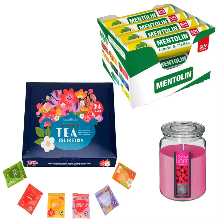 Pack relax: MENTOLIN LIMON MEL S/A TUBO 12X20G + Vela perfumada de frambuesa + Set de Te con 24 bolsitas con diferentes sabores y aromas - 1