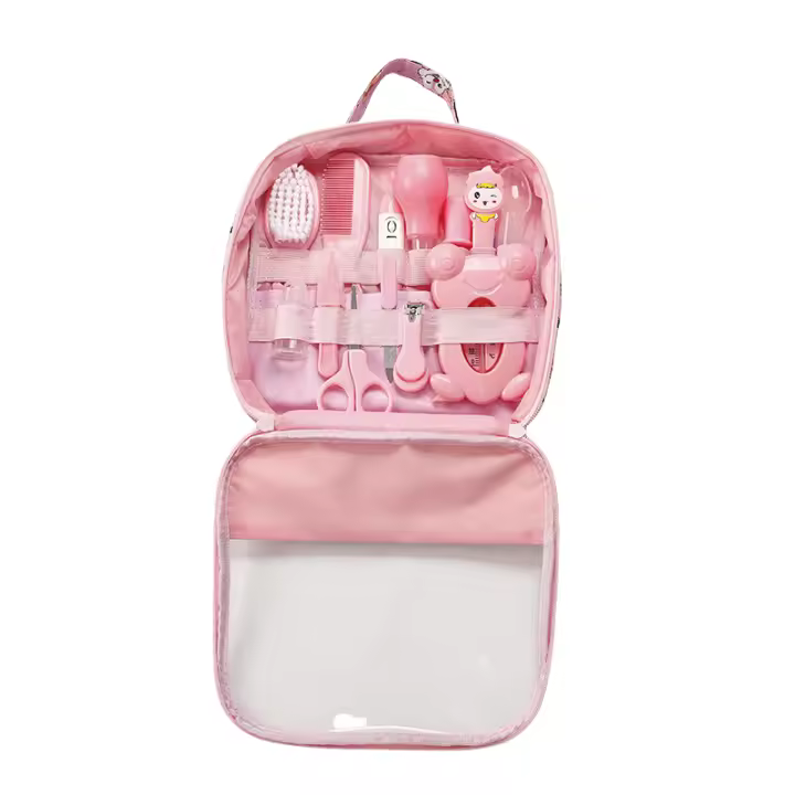 Bolsa para el cuidado del bebé, aspirador nasal determinado, cortauñas, termómetro, sistema de limpieza diaria de 13 piezas
Paquete de cuidados, rosa - 1