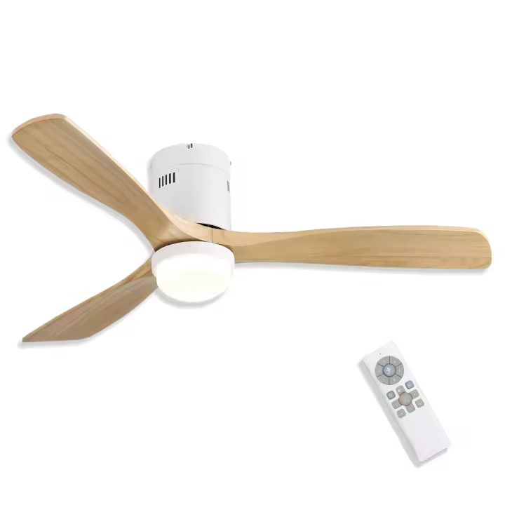 VZLED - Ventilador de techo 132 cm 52" con luz led regulable y control remoto - Motor DC silencioso, 6 velocidades, giro reversible, aspas de madera natural - 1