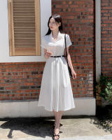 Vestido De Encaje REALEFT Para Mujer Estilo Francés Verano Cuello En V Manga Corta Ajustado Casual Longitud Media Pierna A-line Con Cinturón - details 10