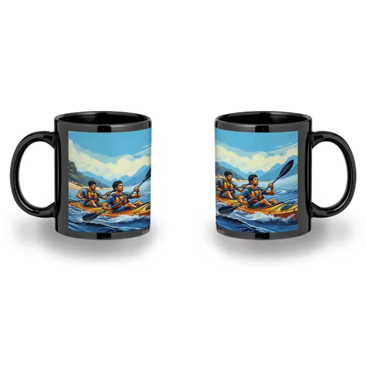 MERCHANDMANIA TAZA COMPLETAMENTE NEGRA deporte playa kayak amigos isla tropical black mug - 1
