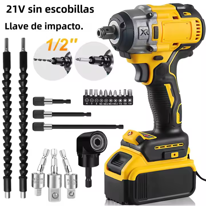 Llave De Impacto Eléctrica Sin Cable WOZOBUY 1/2", Torque Máximo 236 Ft-lbs (320N.m), Motor Sin Escobillas, Incluye Luz LED De Trabajo - 1