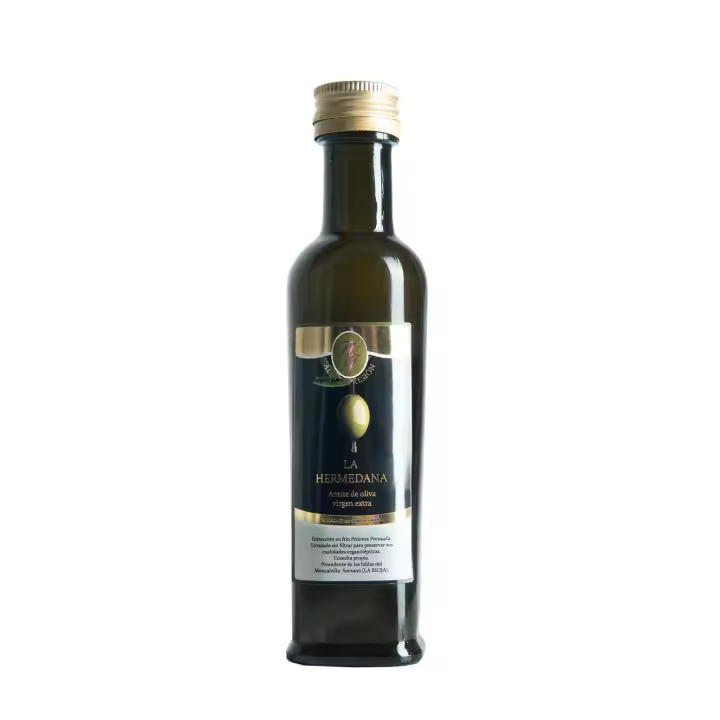 BOTELLA DE CRISTAL DE 100ML (0,1L) - ACEITE DE OLIVA VIRGEN EXTRA EXCLUSIVO - PRODUCCION LIMITADA - EXTRACCION EN FRIO - MONOPARENTAL 100% ARBEQUINA - La Hermedaña - 1