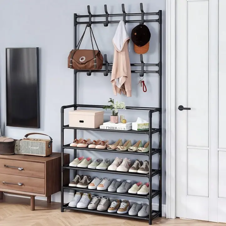 Mi Ko Mi Ka Perchero de pie con banco para zapatos y ganchos extraíbles - Mueble de entrada multifuncional (80 x 25 x 154 cm, Negro/Blanco) Mikomika Estanteria Entrada Zapato (ZAPATO-002 1590 D1) - 1