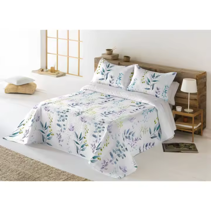 Colcha Bouti Cama 135 y 150 cm Reversible con Fundas de Cojín. Fina y Ligera, Floral, Colores, Primaver y Verano. Blanca o Estampada. Dormitorio. Modelo Bratis - 1