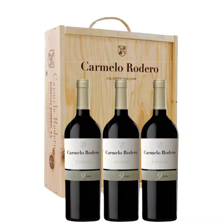 CARMELO RODERO 9 Meses x3 en caja de madera - 3 botellas de Carmelo Rodero 9 meses en estuche de madera - D.O. Ribera del Duero - 1