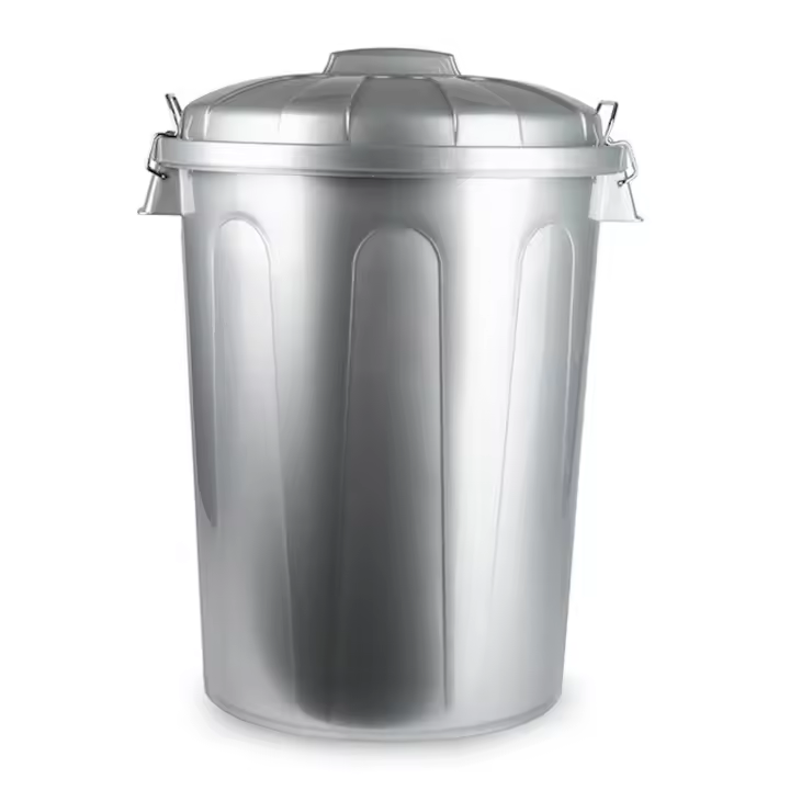 Tradineur - Cubo de basura con asas metálicas y tapa, plástico resistente, contenedor de residuos, papelera, reciclaje, industrial, hogar, fabricado en España (Plata, 70 litros) - 1