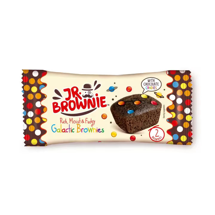 MR Brownie JR Galactic con Grageas de Choclate con Leche con Chocolate Belga,Producto Microondable.Pruebalo Caliente ¡ te Atreves !   (Contiene 2 Cajas Expositoras de 12 Uds Cada Una,Total Compra 24 Uds de 50 Gr) - 1