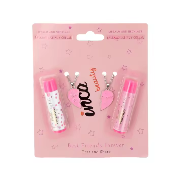 INCA 2 Brillos de labios en formato barrita para Niñas  + 2 Colgantes Corazón Best Friends Forever - 2 Unidades Iguales de Lip Gloss + 2 Colgantes con Medio Corazón para Niña ¡Para lucir radiante y compartir con tus mejores amigas! - Bálsamo Labial Niña. - 1