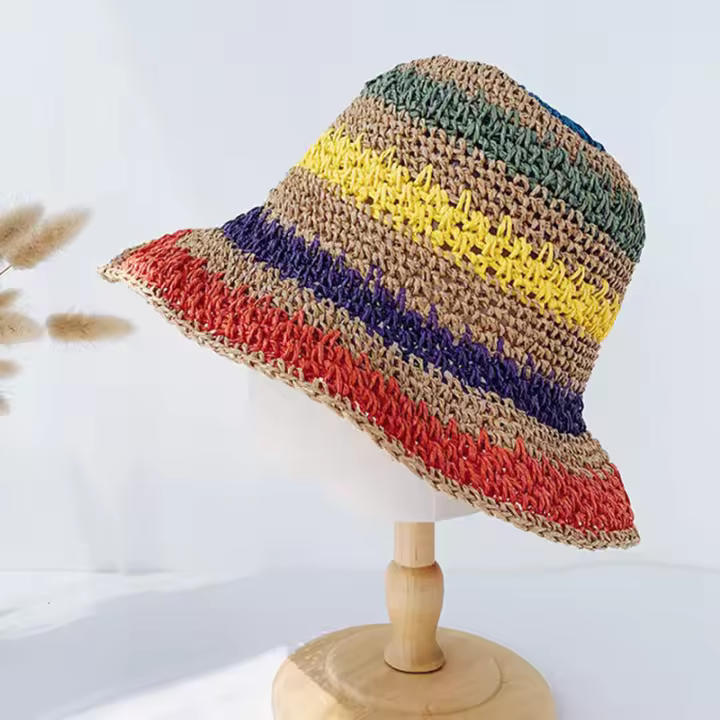 Sombrero De Pescador De Hilo Colorido Hecho a Mano Para Mujer Sombrero De Sol De Primavera Verano Al Aire Libre Con Visera Sombrero De Playa Plegable De Paja Arco Iris - 1
