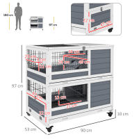 PawHut Conejera de Madera con Ruedas 90x53x97 cm Jaula para Conejos de 2 Niveles con Techo Abatible Bandeja Extraíble Comedero y Rampa Gris y Blanco - details 2