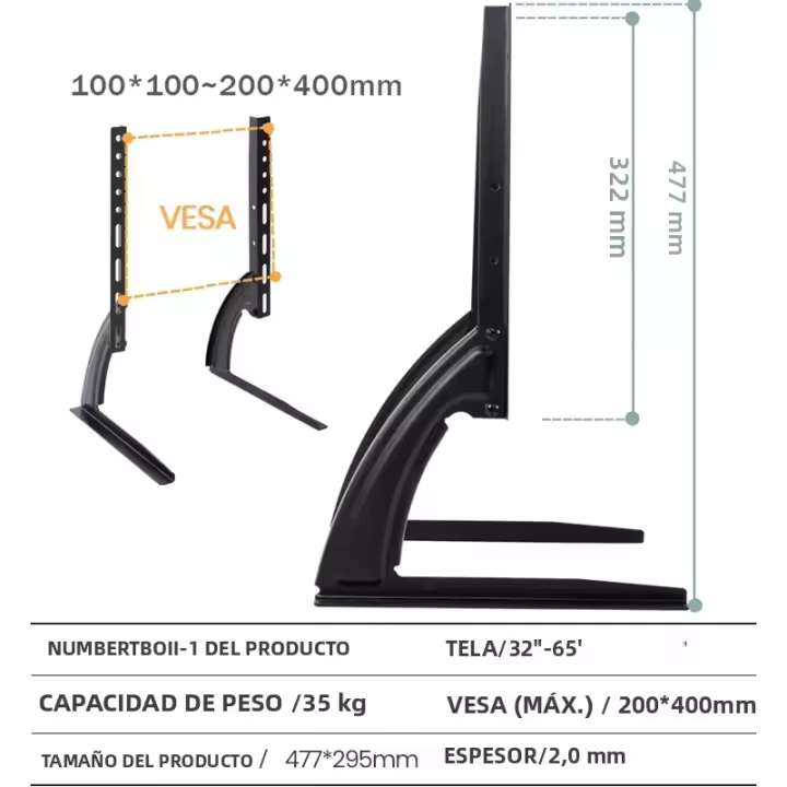 Soporte Universal Para TV Pies Para Paredes LCD/LED/OLED/Plasma Pantalla Plana Y Curva Metálico Soporte De Mesa Riser - 1