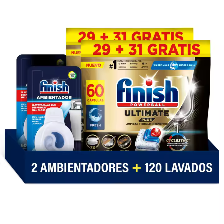 Finish Powerball ULTIMATE PLUS ALL IN 1 x120 Pastillas para Lavavajillas + 2x Ambientador Fresco, Limpieza Intensiva, Elimina Restos Quemados, Brillo Diamante, Cuida y Protege - 1