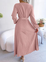 Vestido Largo Elegante Para Mujer Con Cuello En V Manga Larga Pleated Maxi Con Cinturón Estilo Casual De Pierna Larga - details 31