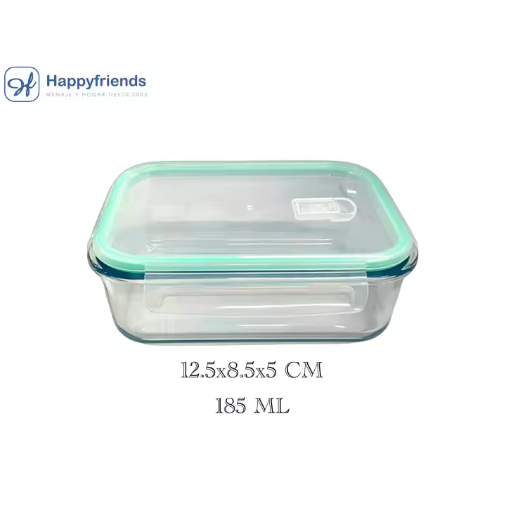 Happy Friends - Set 4 de Fiambreras de Cristal Rectangulares | Cuadradas | Redondas - Juego de 4 Recipientes de Almacenamiento de Alimentos de Cristal con Tapas de Cierre - Diferentes Tamaños y Modelos - Libre de BPA - Transparente - Verde Turquesa - 1