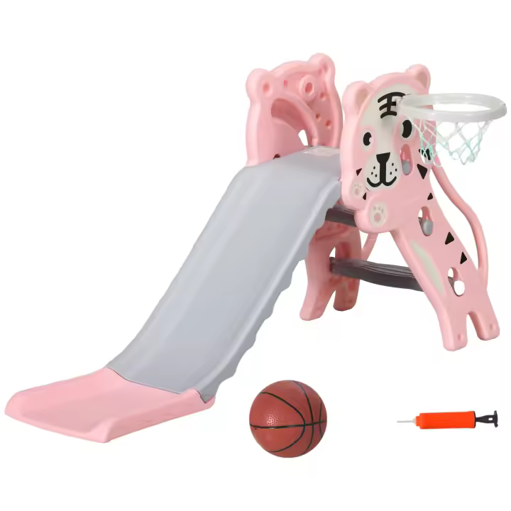 AIYAPLAY Tobogán Infantil 3 en 1 Tobogán para Niños de 18 a 36 Meses con 2 Escaleras 1 Canasta de Baloncesto y Patrón de Animal para Interior 133x60x70 cm Rosa y Gris - 1