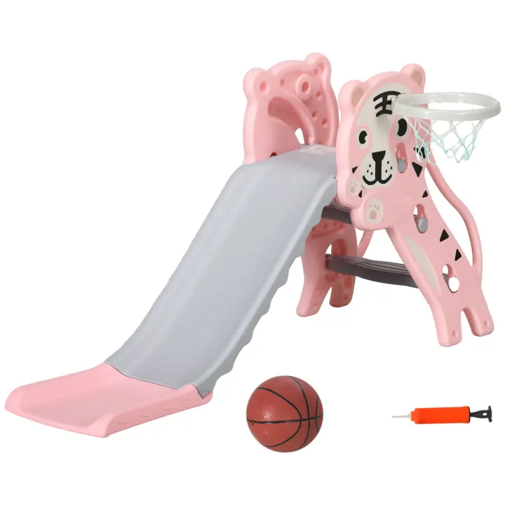 AIYAPLAY Tobogán Infantil 3 en 1 Tobogán para Niños de 18 a 36 Meses con 2 Escaleras 1 Canasta de Baloncesto y Patrón de Animal para Interior 133x60x70 cm Rosa y Gris - 1