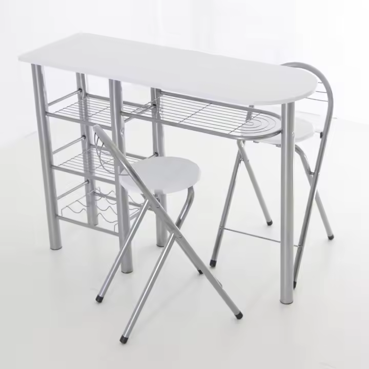 Conjunto Mesa de Cocina Bar Ahorra Espacio | Estructura Metálica y Tabla de Madera Blanca | 4 Estantes + 2 Taburetes Plegables Blancos - 1